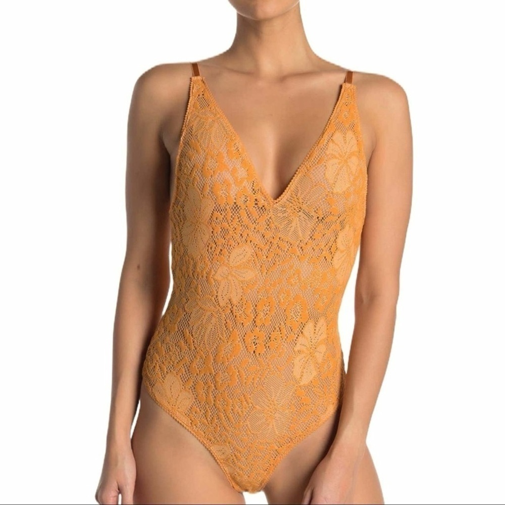 Free People Intimately Live It Up Lace Floral Bodysuit Orange M